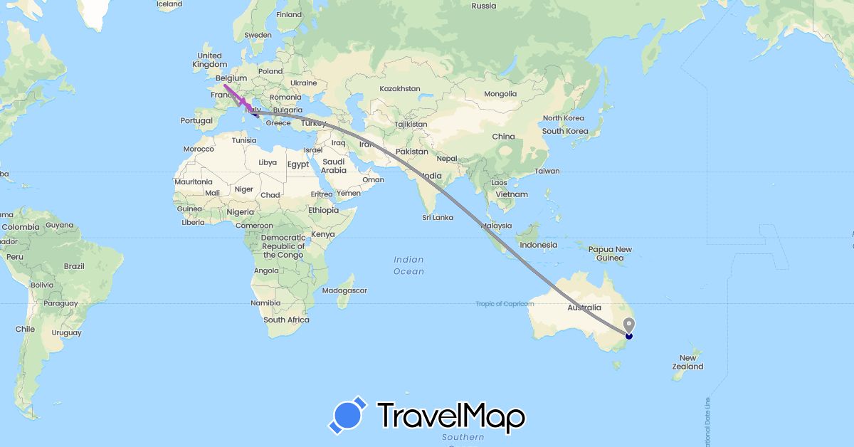 TravelMap itinerary: driving, bus, plane, train in Australia, France, Italy, Monaco (Europe, Oceania)